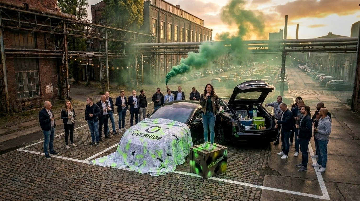 OVERRIDE als Intervention — Denkraum vor der polis Convention mit offenen Türen und Kofferraum.