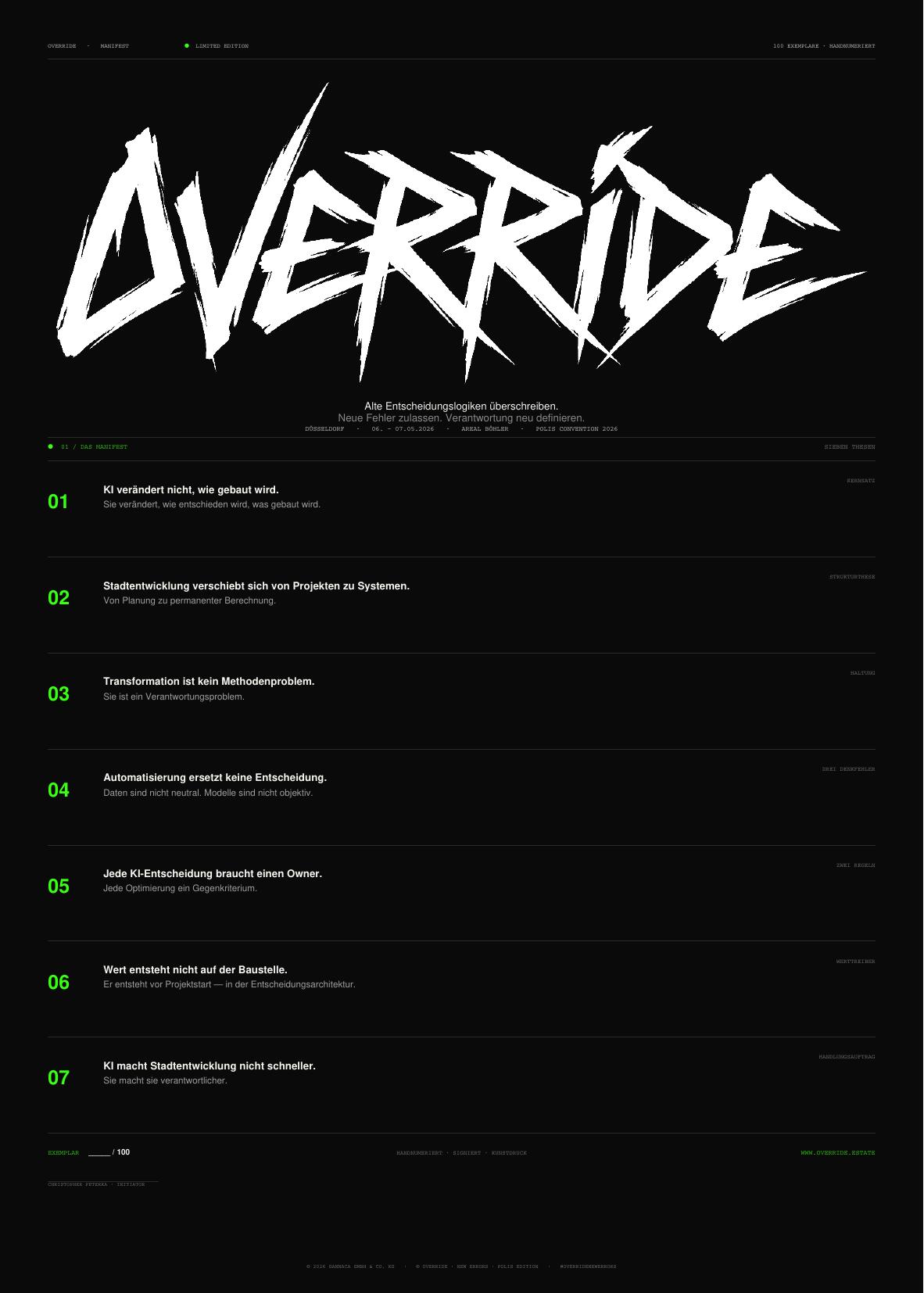 OVERRIDE Manifest · polis edition · Kunstdruck-Poster in 50 × 70 cm mit den sieben Thesen.